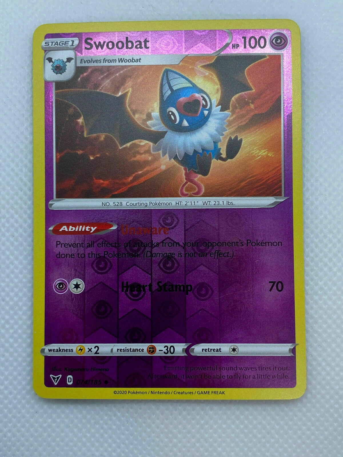 Pokémon Sword & Shield Vivid Voltage Swoobat Reverse HOLO Rare #074/185 NM