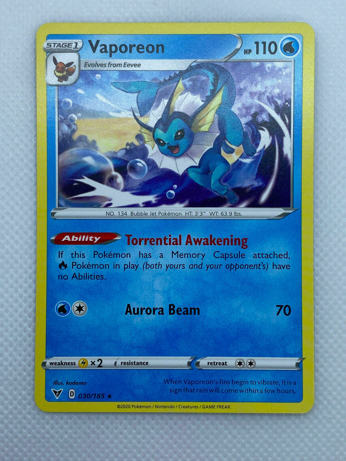 Pokémon Sword & Shield Vivid Voltage Vaporeon Rare #047/185 NM