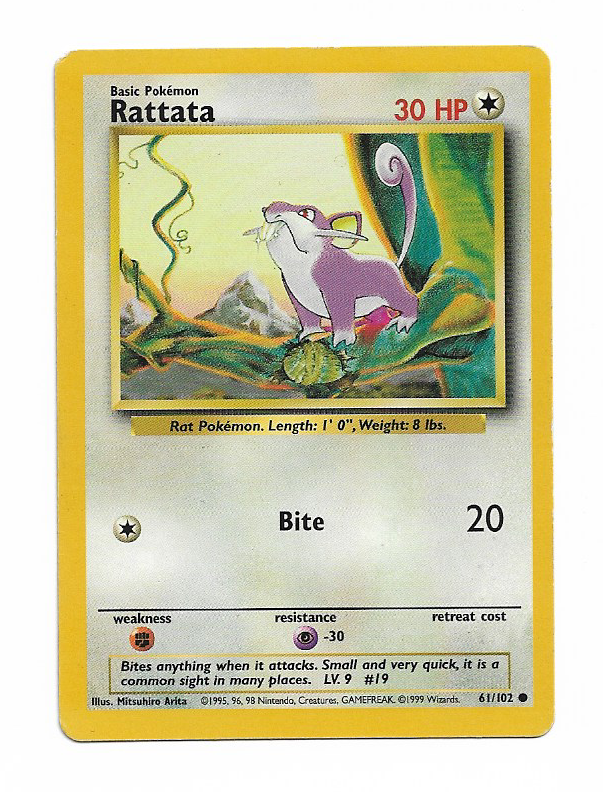 Pokémon Rattata #19 Trading Card Basic Pokémon Base Set MP Condition #61/102