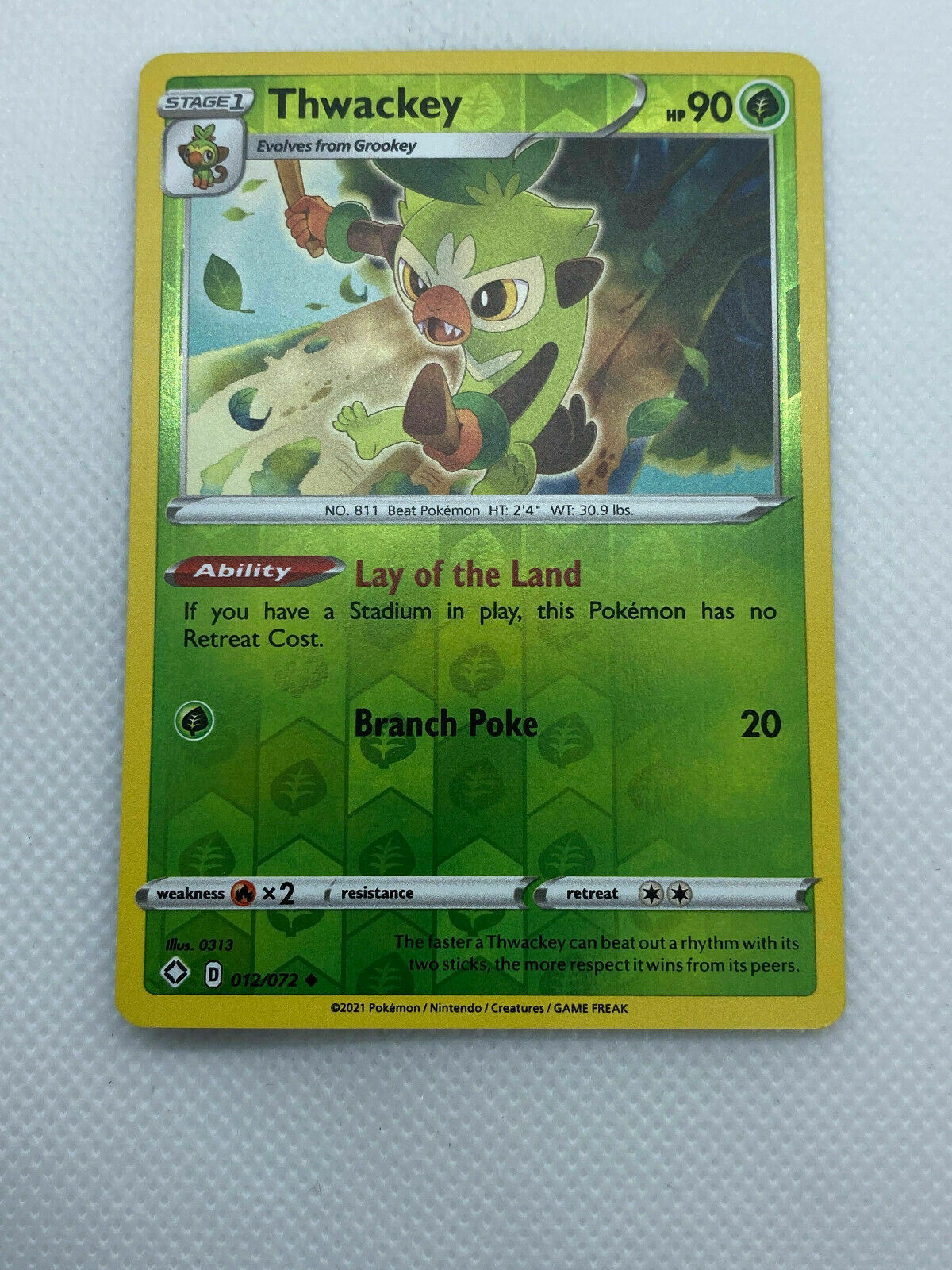 Pokémon Shining Fates Thwackey 012/072 Reverse Holo Uncommon NM FRESH PULL