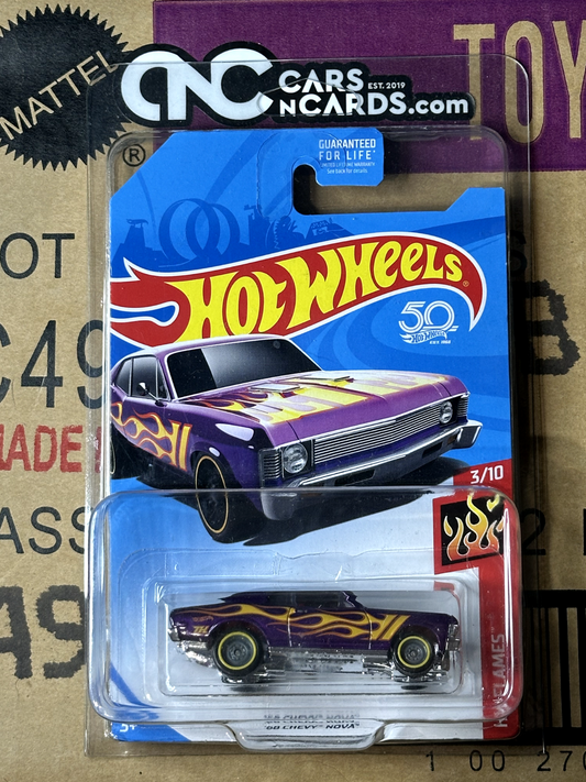 2018 Hot Wheels HW Flames 3/10 Super Treasure Hunt '68 Chevy Nova With Protector