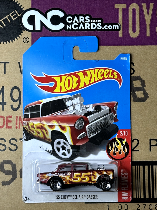 2017 Hot Wheels HW Flames 2/10 '55 Chevy Bel Air Gasser Red (Card Crease)