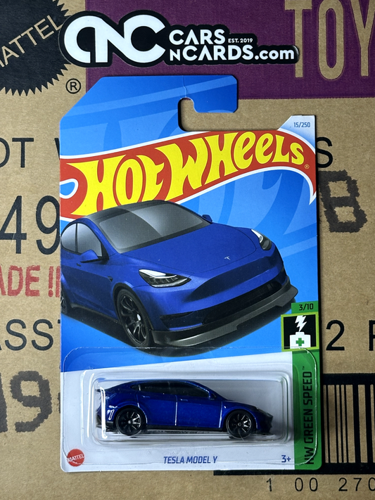 2024 Hot Wheels HW Green Speed #3/10 Tesla Model Y Blue (Card Crease)