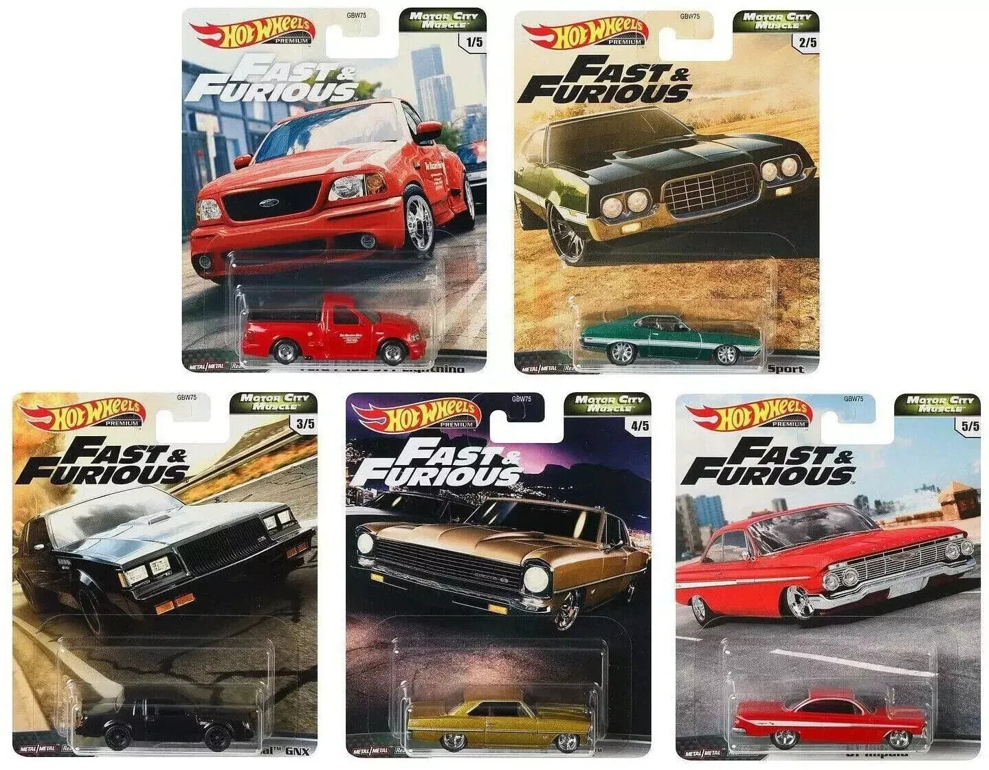 2020 Hot Wheels Premium Fast & Furious Motor City Muscle Full Set of 5 Cars