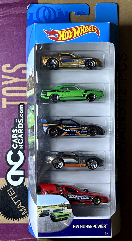 2018 Hot Wheels HW Horsepower 5 Pack Corvette/Mustang/Viper/Cuda (Soft Corner)