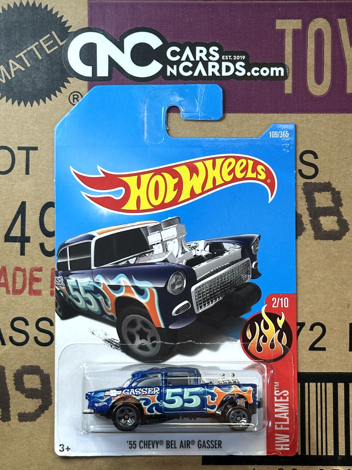 2017 Hot Wheels HW Flames 2/10 '55 Chevy Bel Air Gasser Blue (Card Crease)